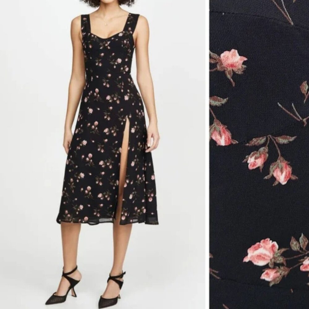 Reformation Fulton Midi Dress Romy Black Pink Floral (sz 4P)